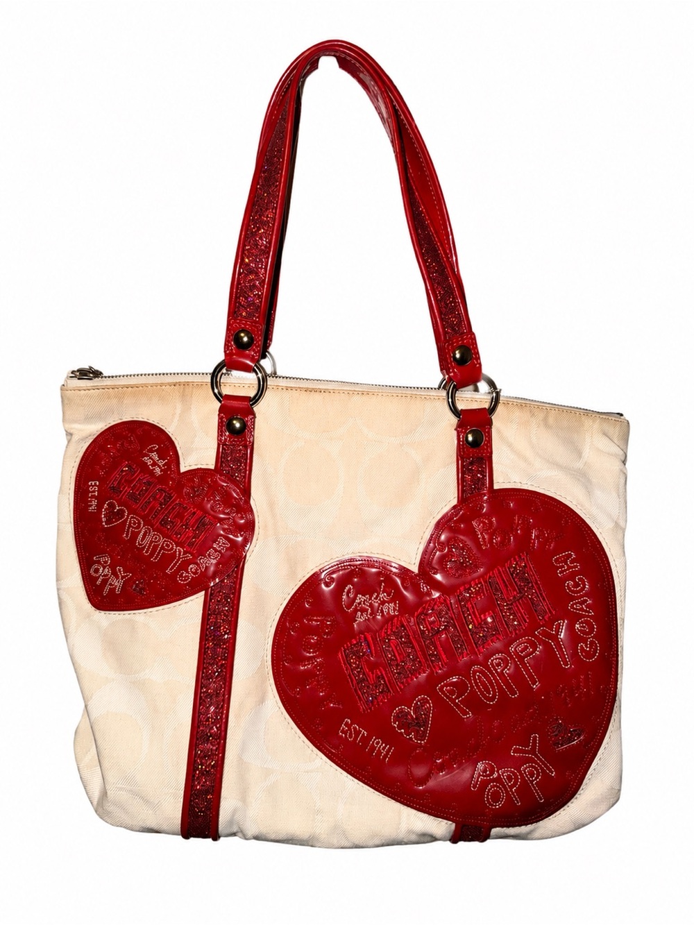 Coach Poppy Signature C Heart Appliqué Tote Bag Red Glitter Cream